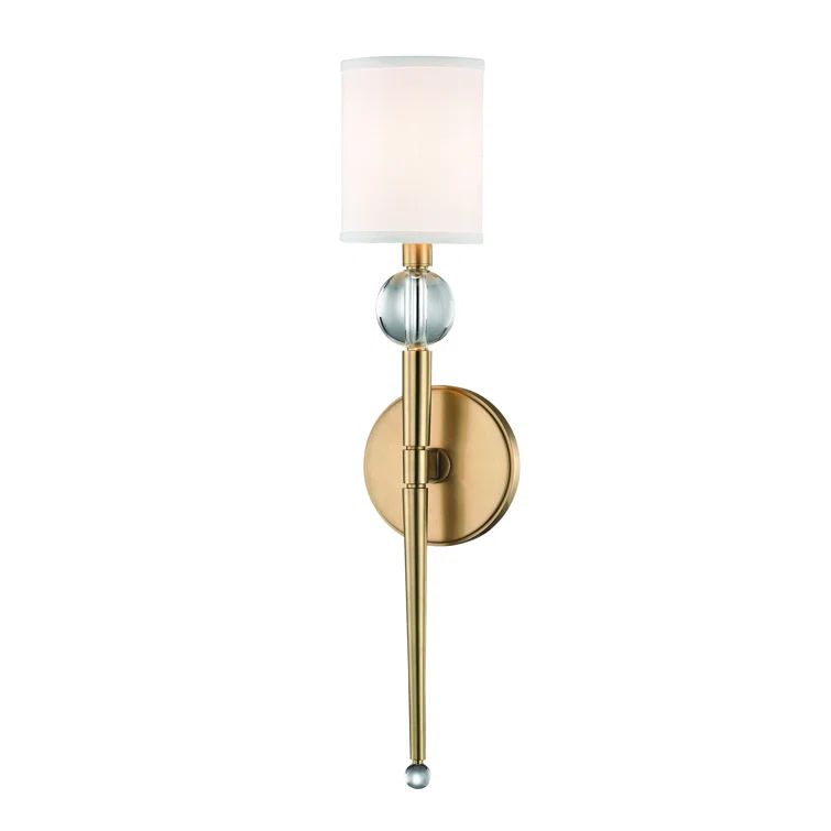 Aged Brass Dimmable Sconce with White Faux Silk Shade