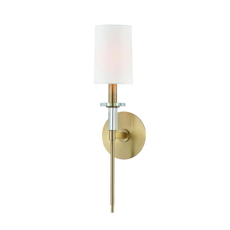 Aged Brass Cylinder Sconce with White Faux Silk Shade