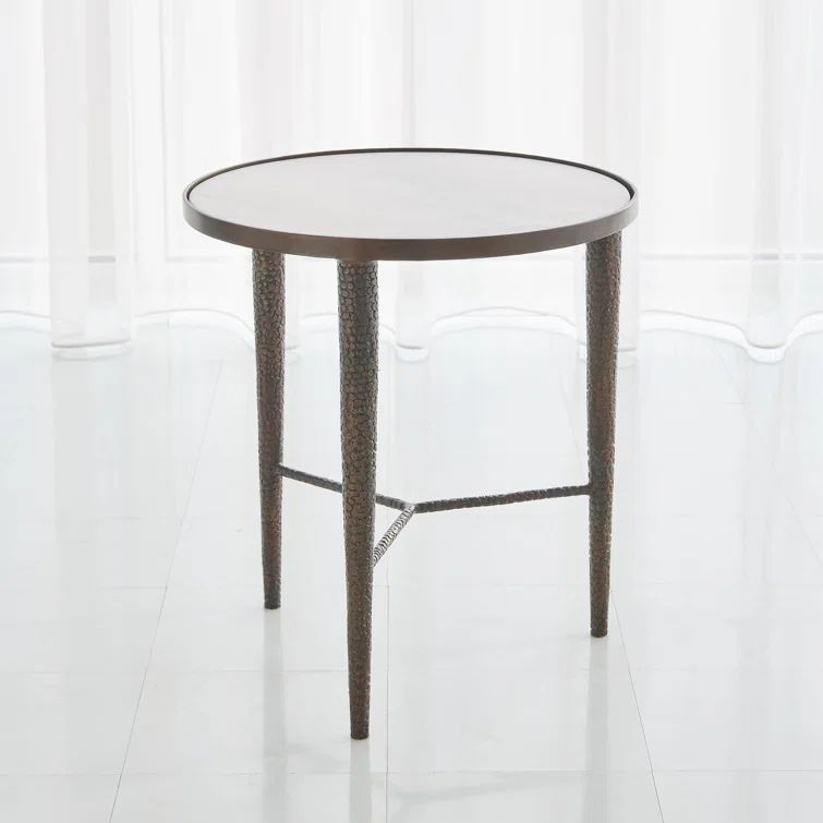 Antique Brass Round Stone Top End Table with Pebble Textured Metal Storage