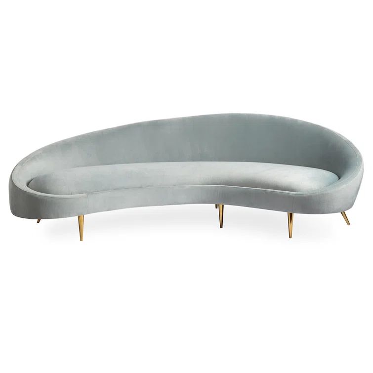 Bergamo Azure Velvet Ether Curved Sofa with Polished Brass Legs