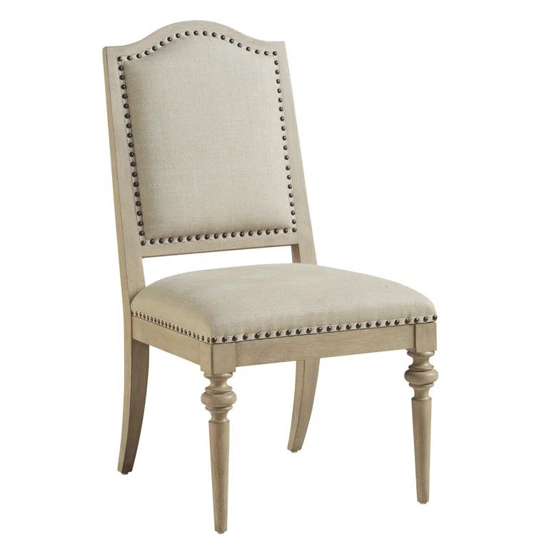 Contemporary Linen Beige Upholstered Side Chair with Smoked Nickel Details
