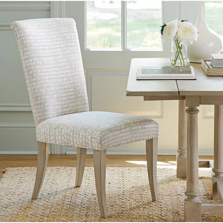 Ivory Linen Upholstered Side Chair with Wood Legs