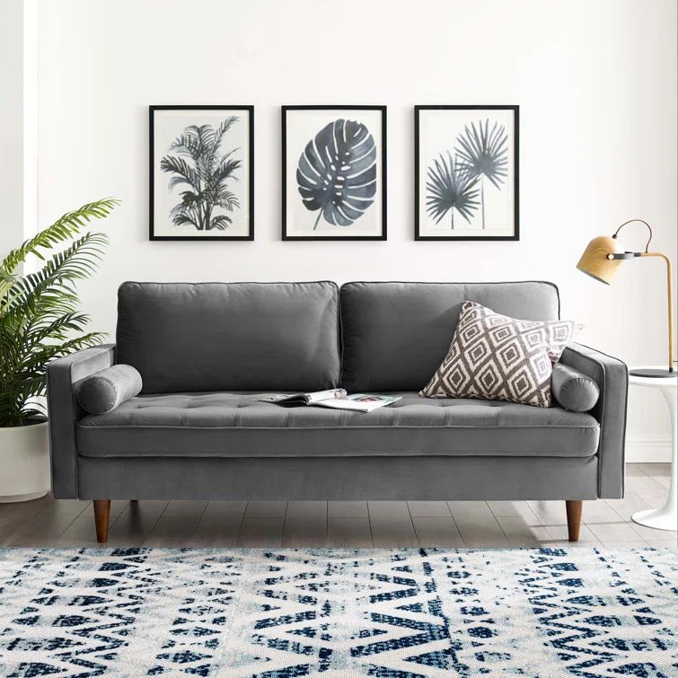 Gray Tufted Velvet Sofa with Walnut Wood Legs