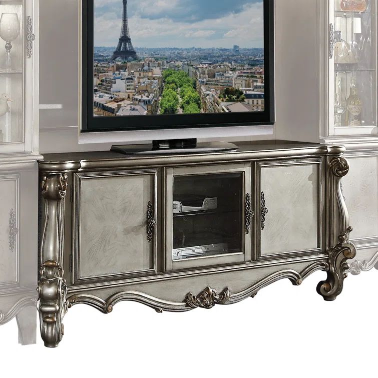 Antique Platinum 74'' Wood and Glass Media Console with Cabinet