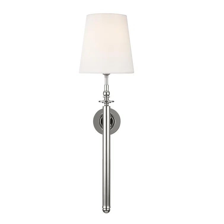 Polished Nickel Single Light Dimmable Wall Sconce with White Linen Shade