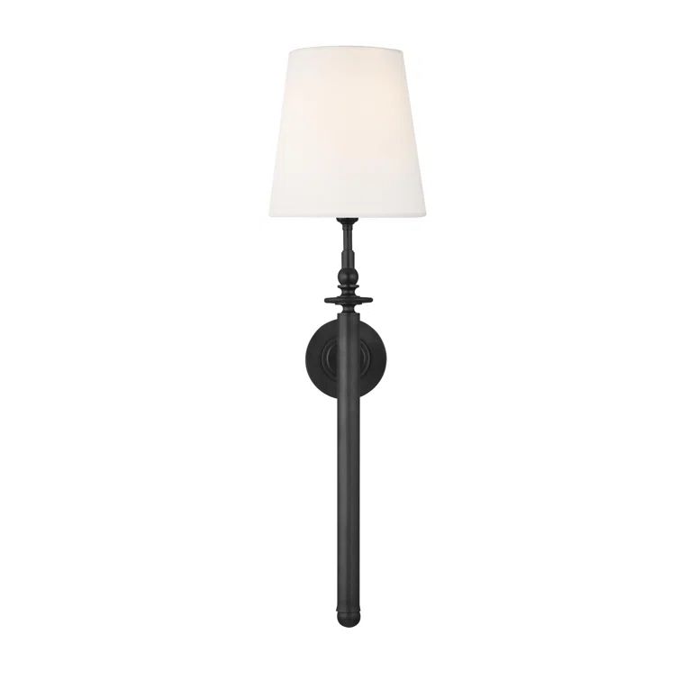 Aged Iron Black Dimmable Wall Sconce with White Linen Shade