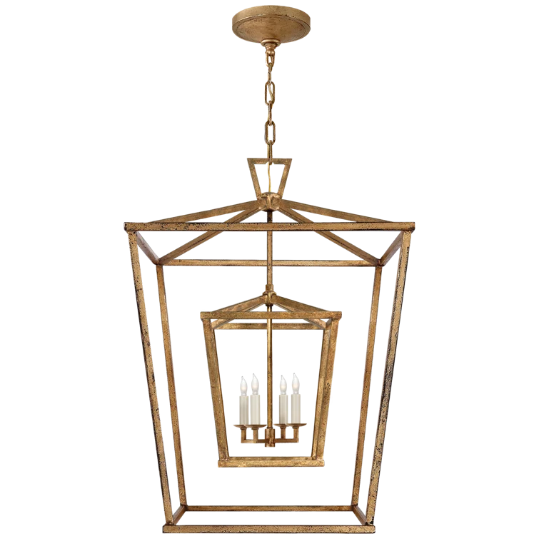 Large Gilded Iron Double Cage Chandelier with Crystal Accents
