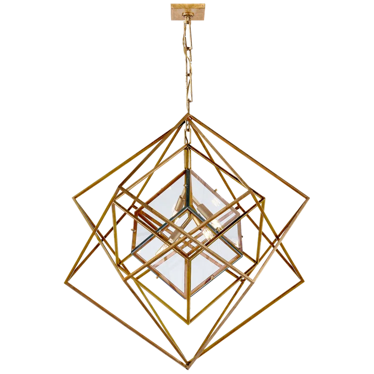 Gilded Nickel Cubist Cage 4-Light Chandelier