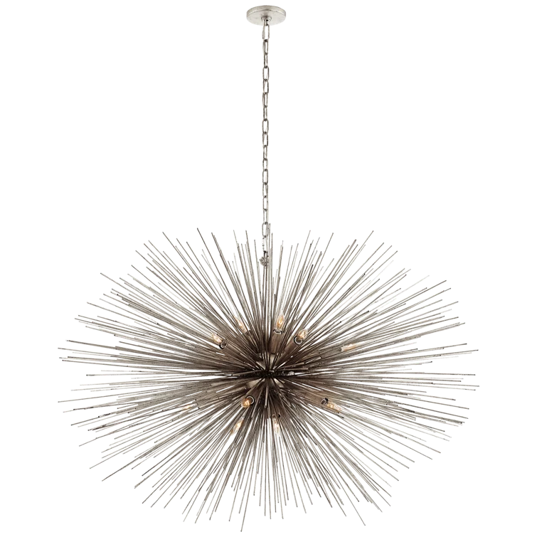 Large Burnished Silver Leaf Metal Spiked Chandelier