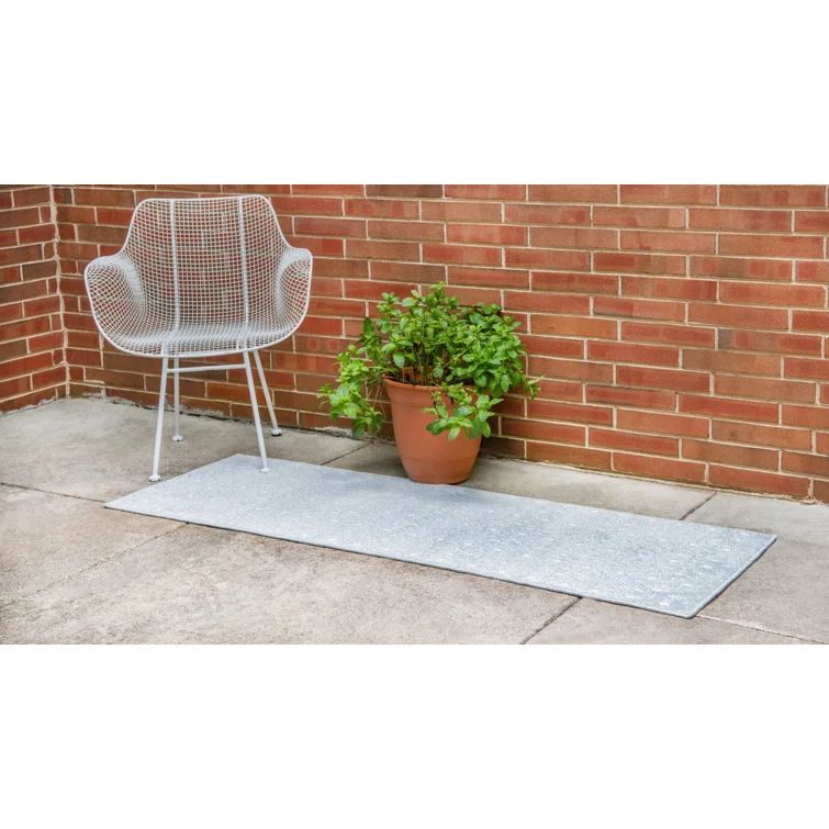 Light Blue Geometric Flat Woven Outdoor Runner Rug