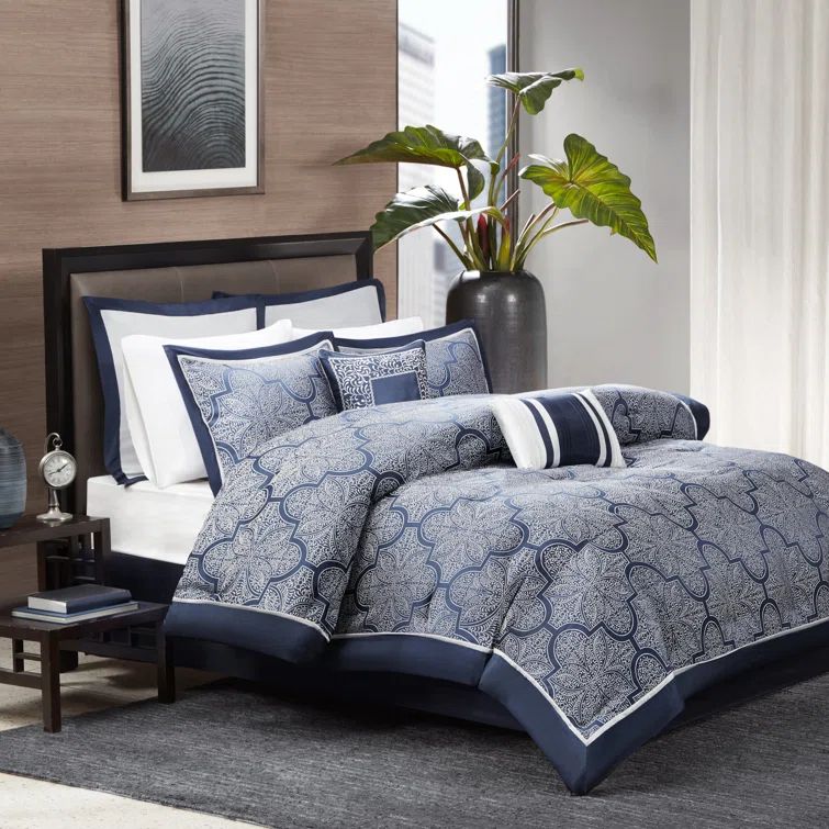 Navy Jacquard Floral Queen Comforter Set with Trim