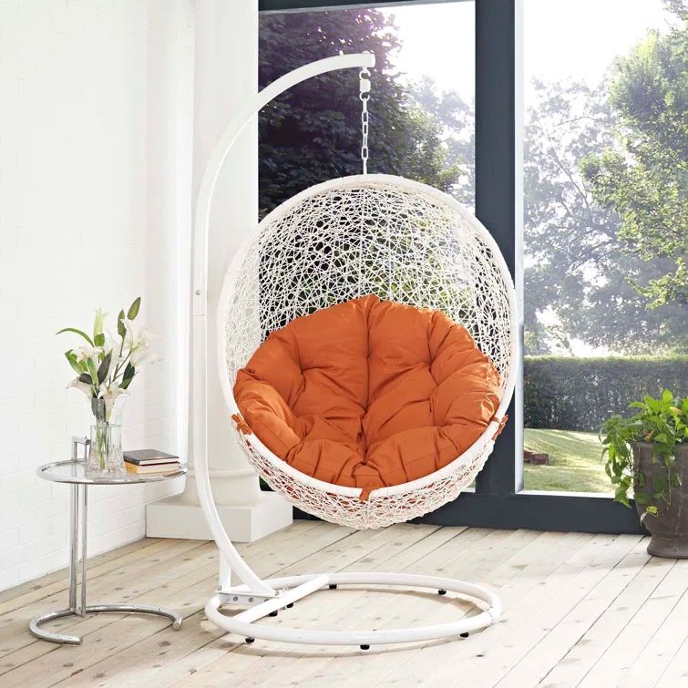 White and Orange Rattan Hanging Chair with Steel Stand