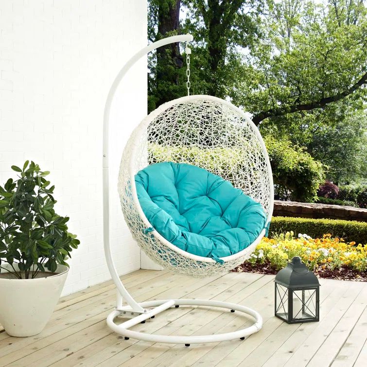 White and Turquoise Wicker Outdoor Patio Swing Chair with Stand