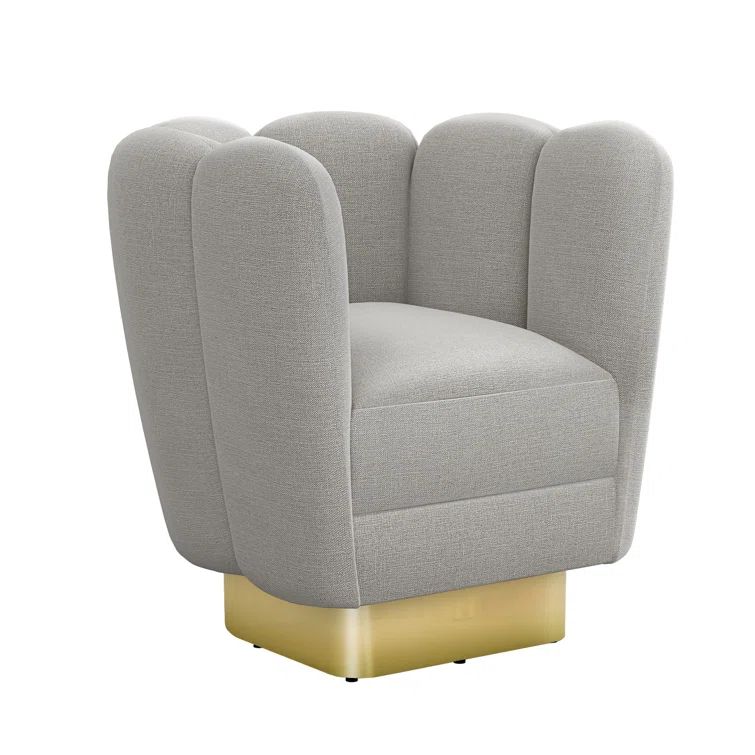 Gray Faux Linen Swivel Barrel Chair with Brass Base