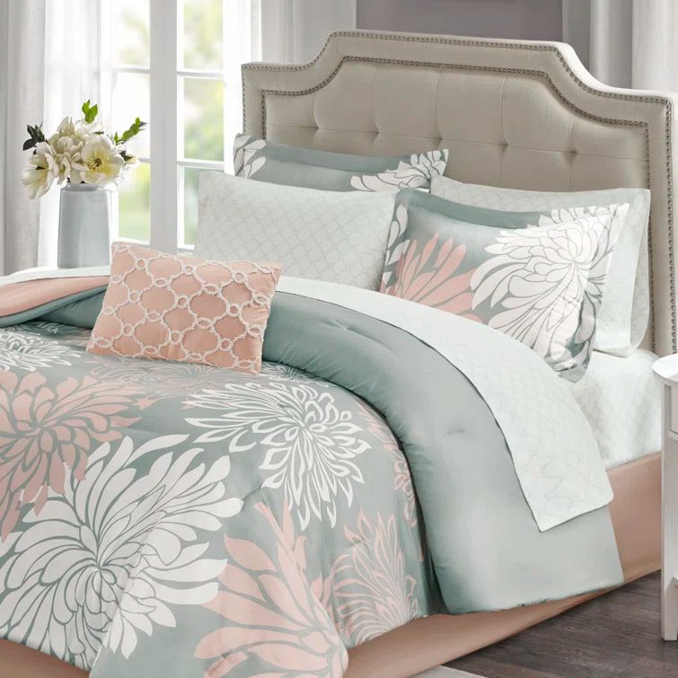 Blush and Grey Twin Reversible Floral Comforter Set