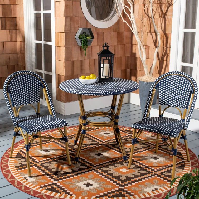 Navy and White Wicker Aluminum Bistro Side Chair Set