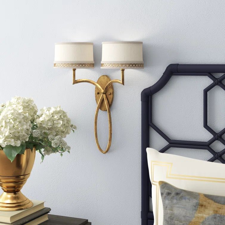 Allegretto Duo 21" Burnished Gold Leaf Wall Sconce with White Linen Shade