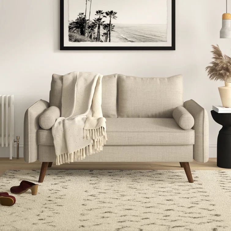 Beige Fabric Loveseat with Walnut Wood Legs