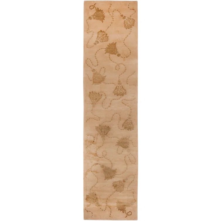 Ivory Hand-Knotted Wool and Silk Geometric Runner Rug