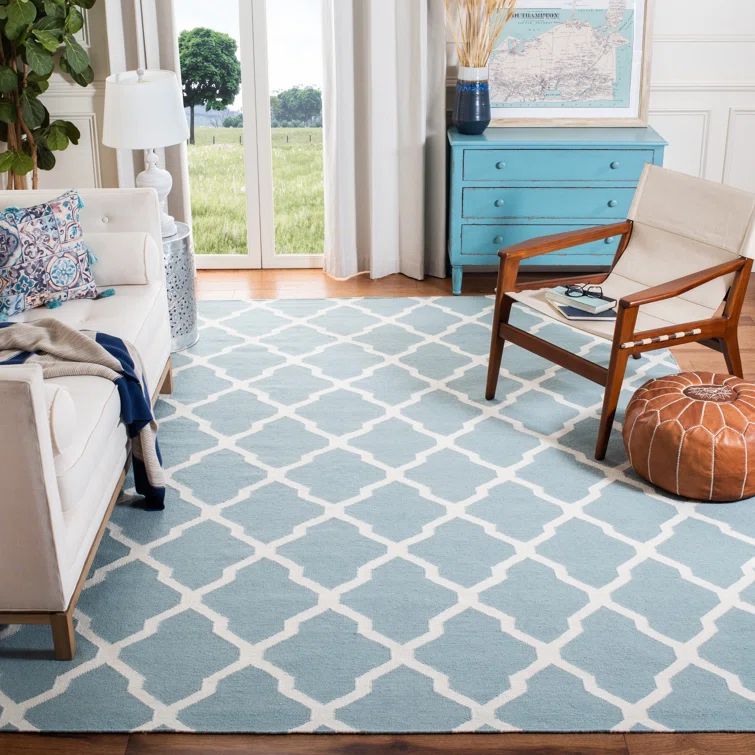 Handmade Light Blue/Ivory Geometric Wool 8'x10' Rug