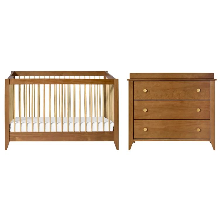 Chestnut and Natural Mid-Century Modern Convertible Crib