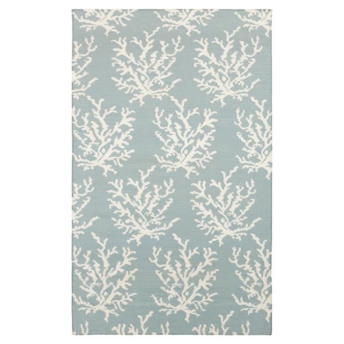 Powder Blue and White Wool Coastal Rectangular Rug