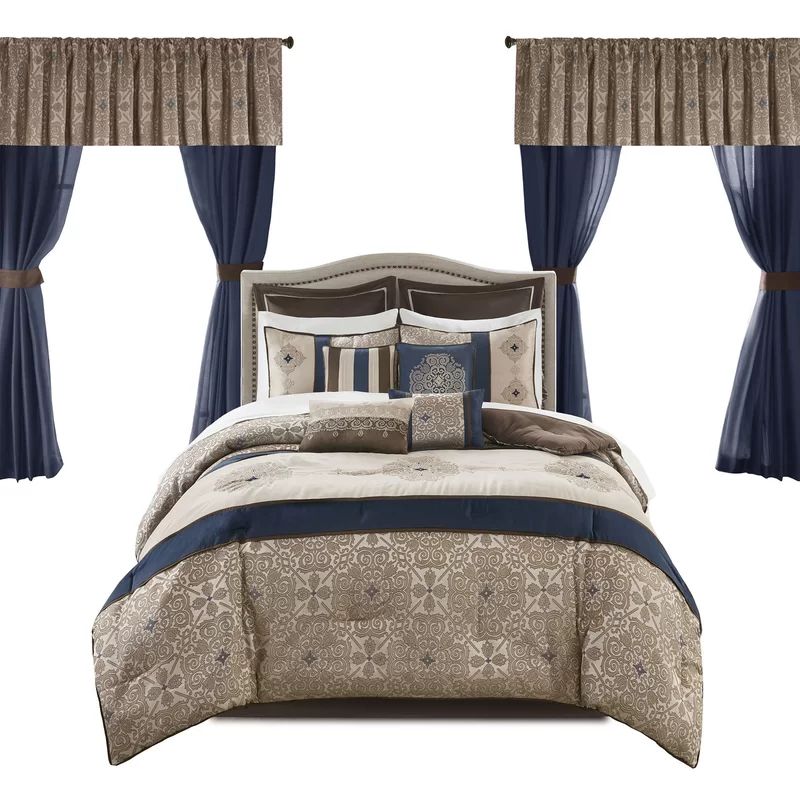 Navy Jacquard Microfiber King 24-Piece Bedding Set