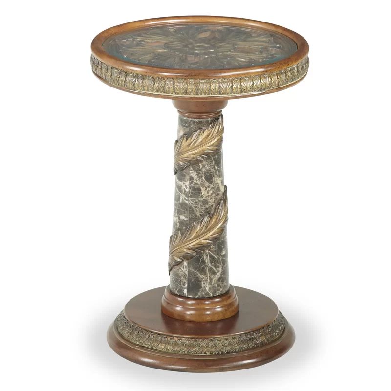 Traditional Brown Wood and Stone Round Chairside Table