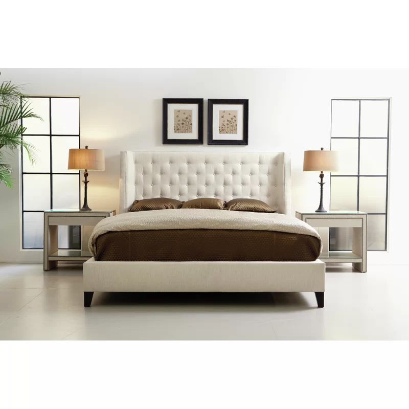 King Espresso Upholstered Tufted Wingback Bed with Slats