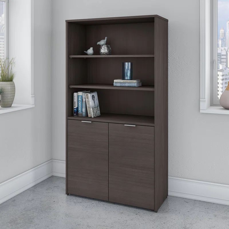 Storm Gray Adjustable 5-Shelf Bookcase with Doors