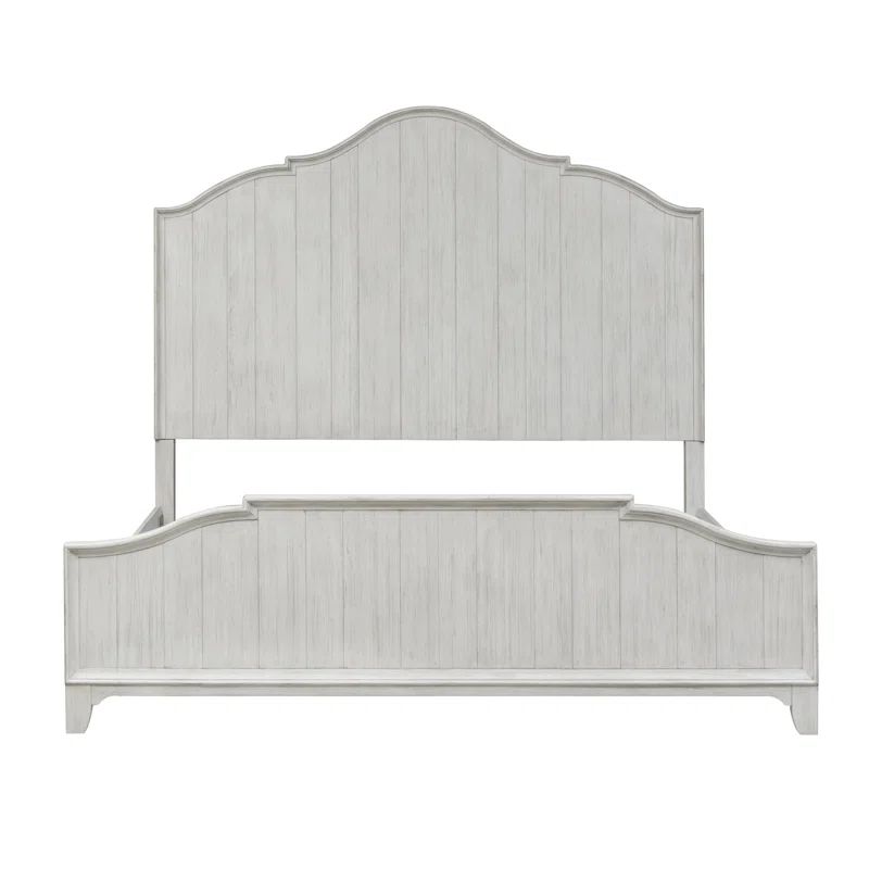 Transitional Antique White Pine Queen Panel Bed with Scalloped Headboard