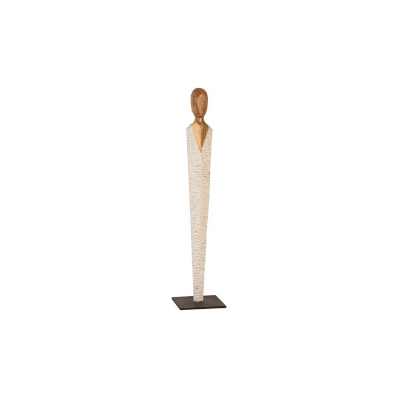 Contemporary White and Brown Wood Serene Human Figure Sculpture