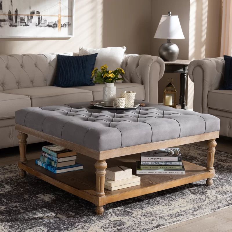 Gray Linen Tufted Cocktail Ottoman with Storage Shelf