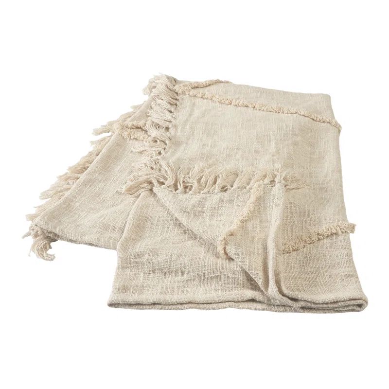 Birch & Cream Handwoven Cotton Throw Blanket with Fringe Accents