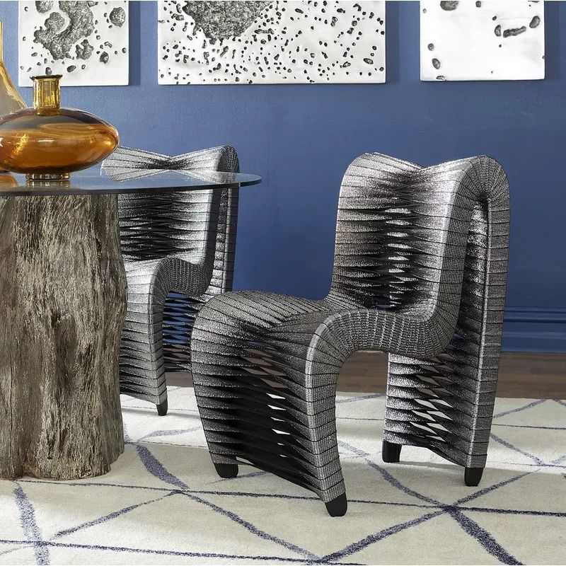 Elevated Silver Metallic Upholstered Wood Side Chair