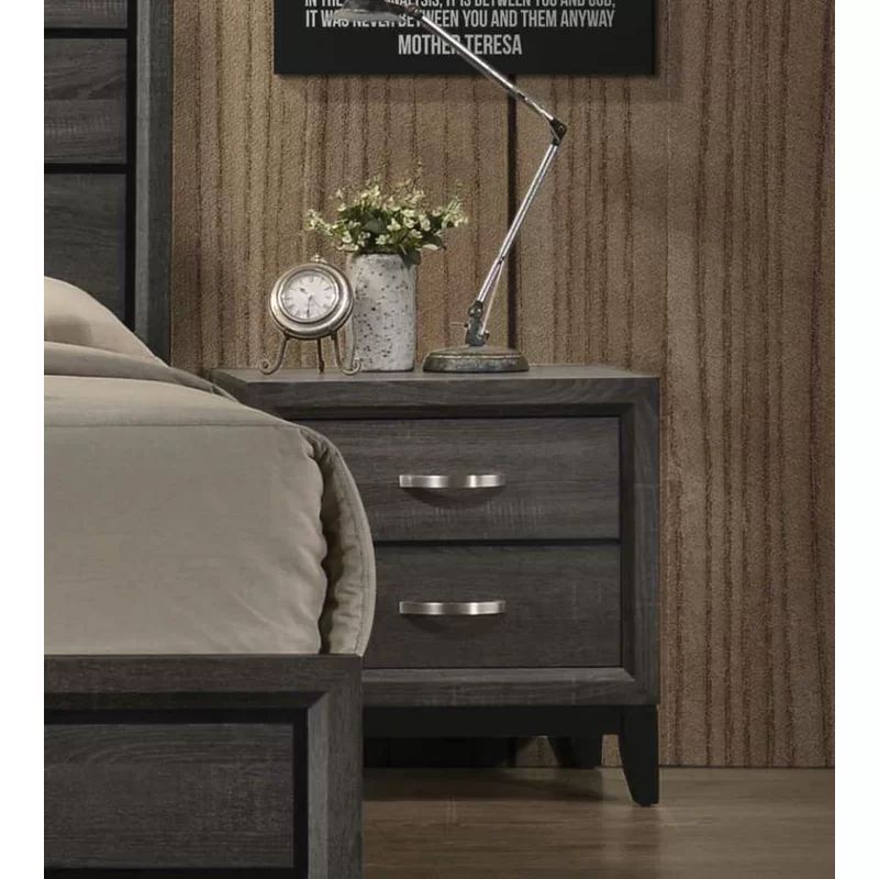 Valdemar 2-Drawer Weathered Gray Nightstand with Brushed Nickel Accents