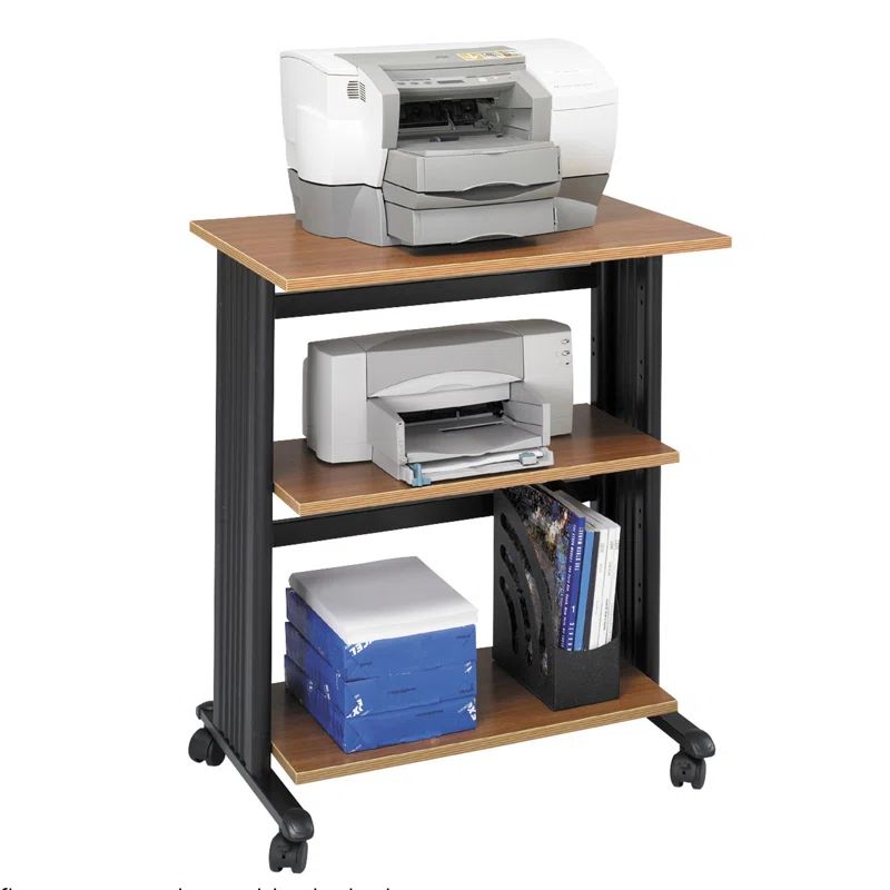 Medium Oak Adjustable Three-Level Printer Stand with Casters