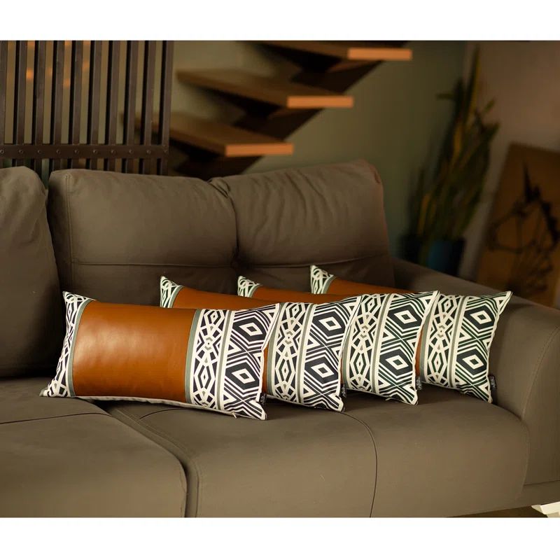 Geometric Black and Brown Faux Leather Pillow Covers Set