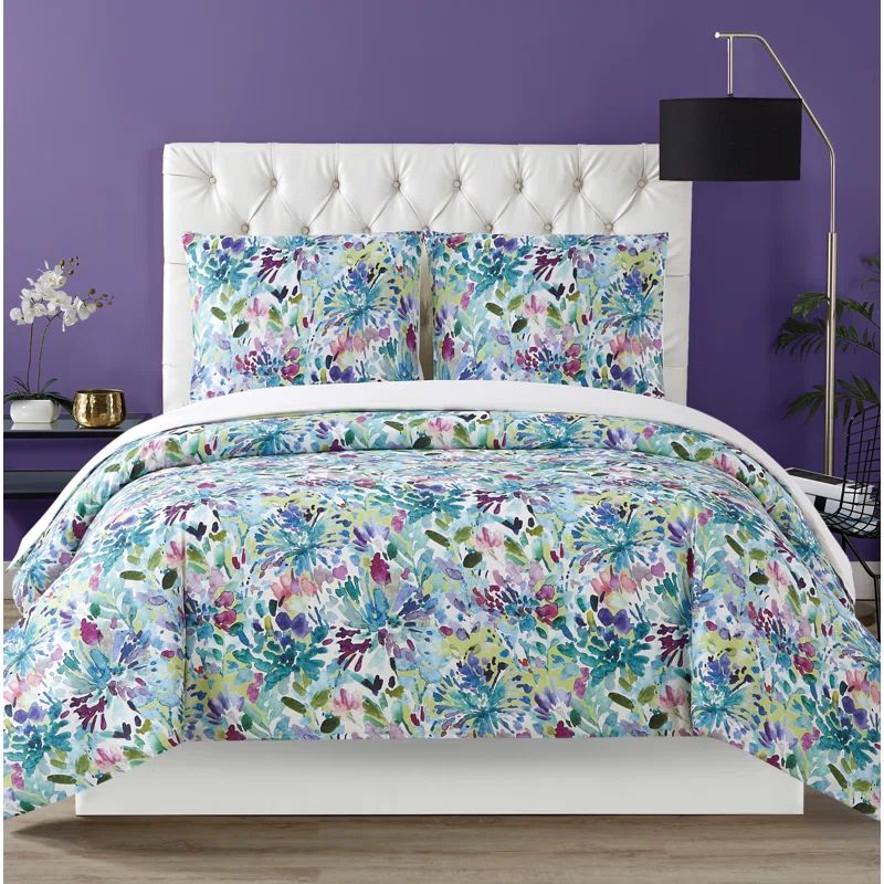 Twin XL Blue Floral Cotton Reversible Comforter Set