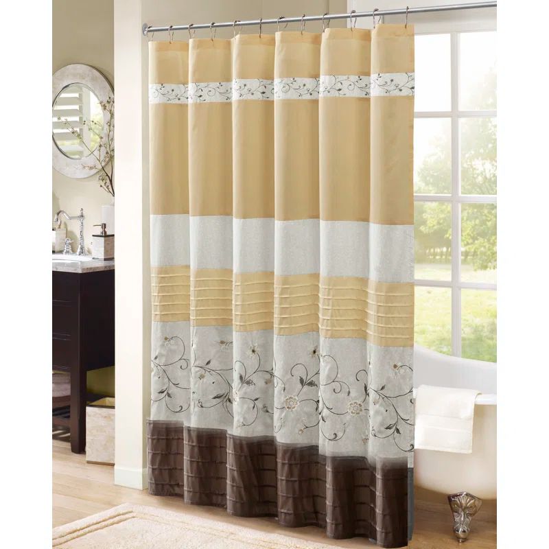 Embroidered Floral Faux Silk Shower Curtain in Yellow and Gray