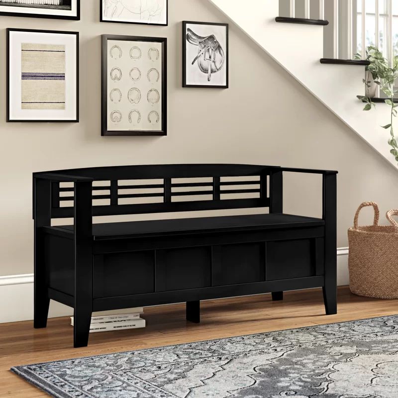 Black Solid Pine 48" Entryway Storage Bench with Backrest
