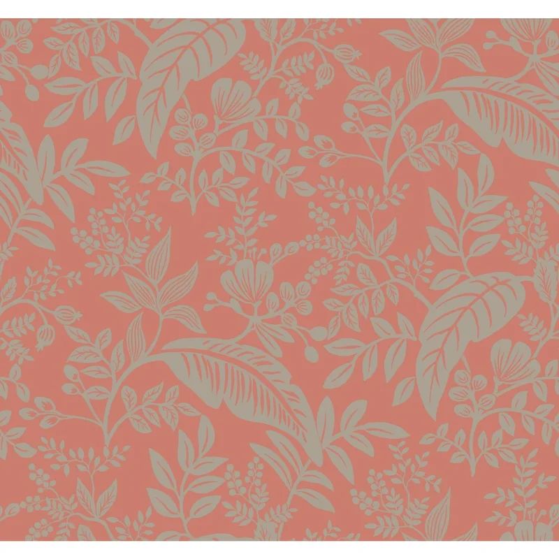 Canopy Lush Tropical Leaves 27' x 27" Black and Rose Wallpaper Roll