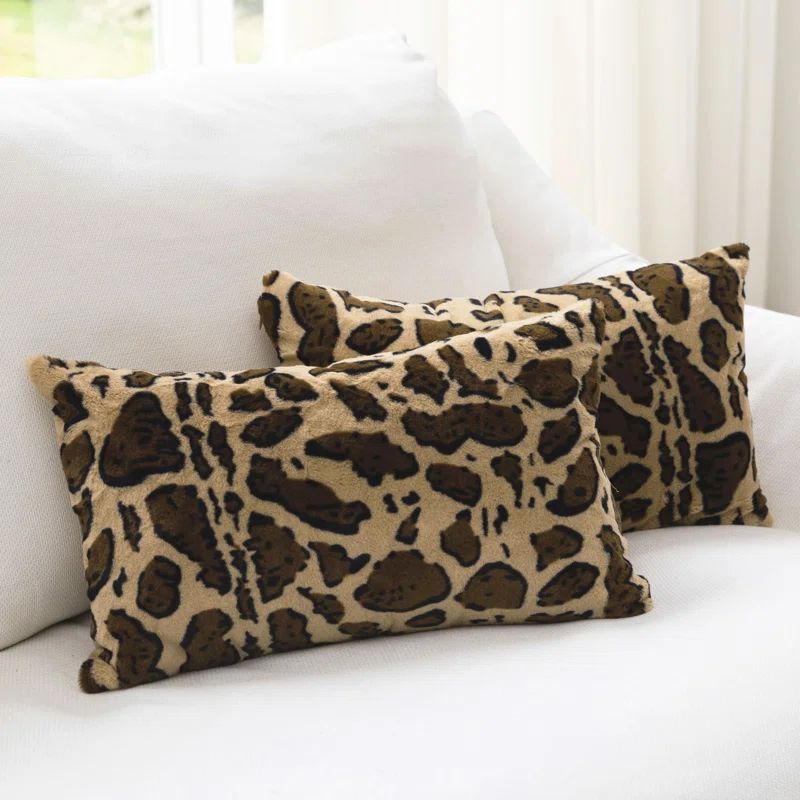 Set of 2 Brown Faux Fur Leopard Print Throw Pillows