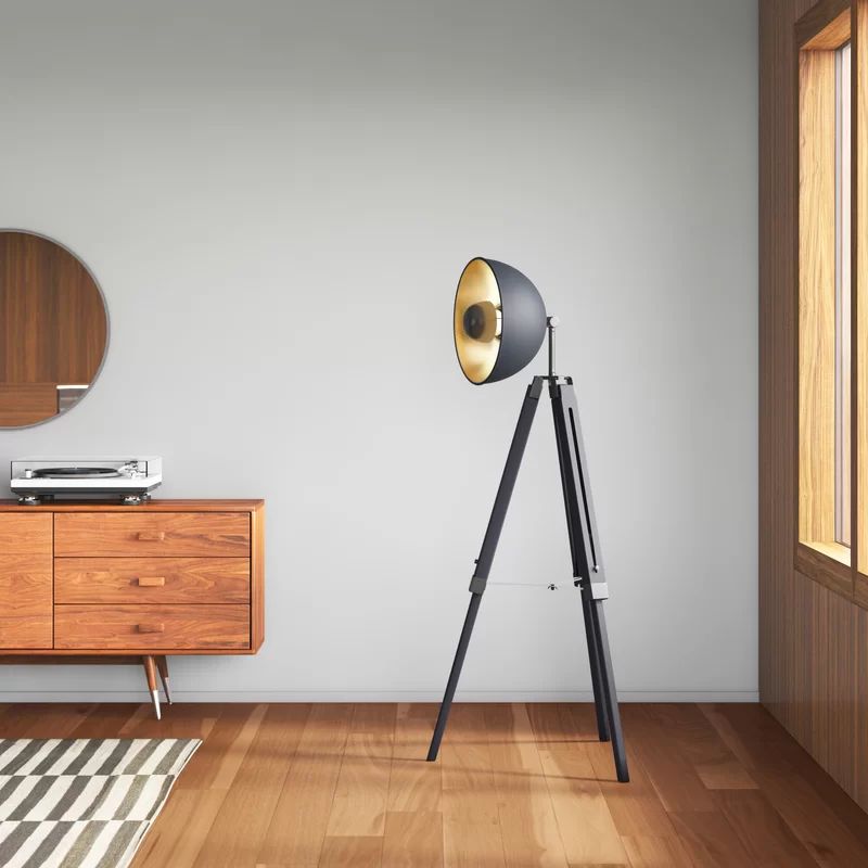 Black Adjustable Industrial Tripod Floor Lamp with Gold Interior