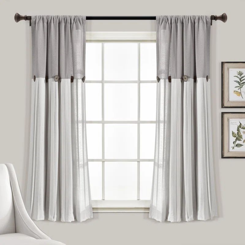 Gray and Off-White Linen Button Window Curtain Panel