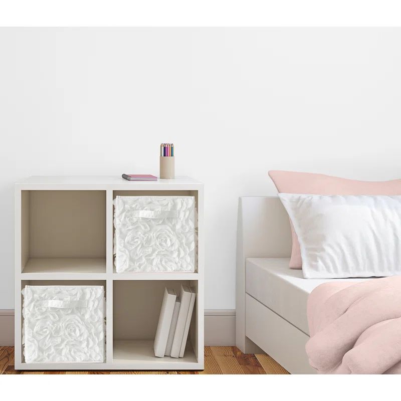 White Chiffon Rose Fabric Collapsible Storage Cubes Set