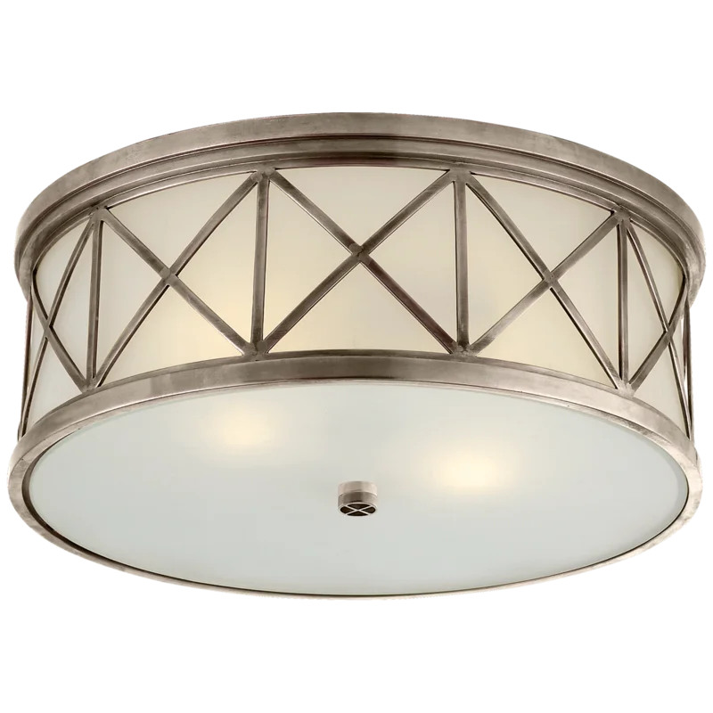 Art Deco Inspired Antique Nickel Drum Ceiling Light with Frosted Glass