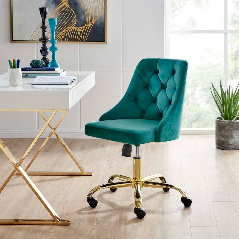 Elegant Tufted Gold Teal Swivel Task Chair with Velvet Upholstery
