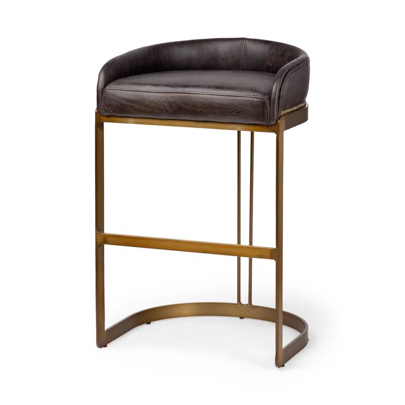 Hollyfield Black Leather and Brass Metal Bar Stool