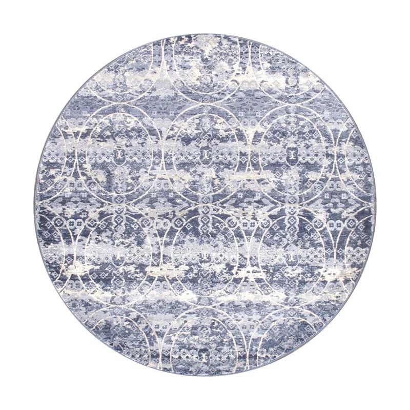 Round Blue Stain-Resistant Synthetic Area Rug, 6 ft